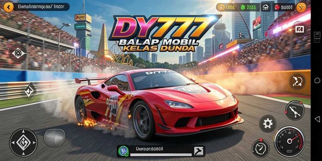Tampilan gameplay menegangkan dalam DY777 saat mobil melaju kencang di trek.