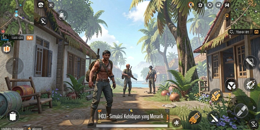 Screenshot H03 menunjukkan karakter yang sedang beraktivitas dalam dunia simulasi.