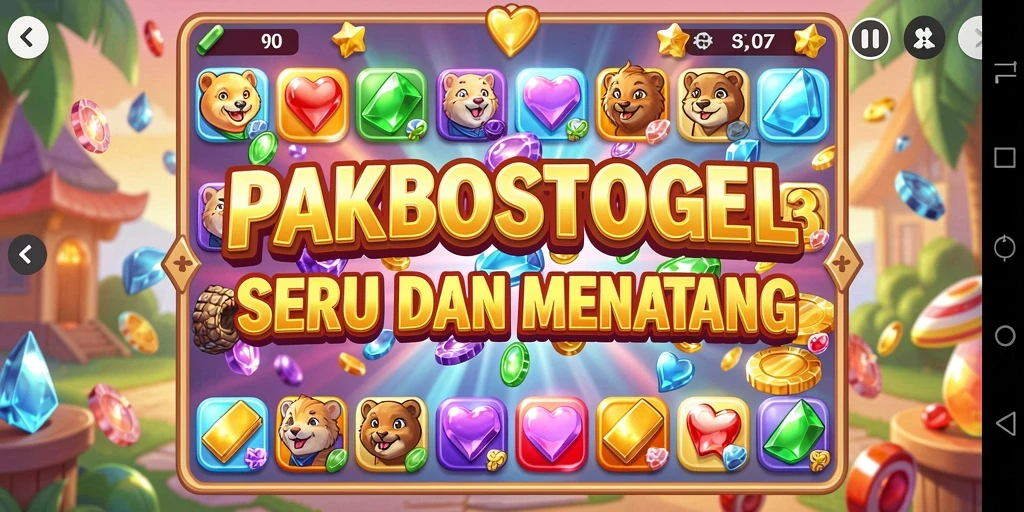 Screenshot dari gameplay PAKBOSTOGEL menunjukkan aksi mencocokkan permata yang seru.