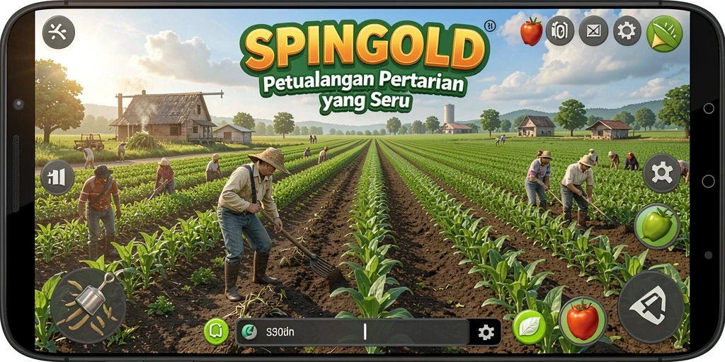 Tampilan gameplay SPINGOLD yang menampilkan kegiatan bertani yang seru.