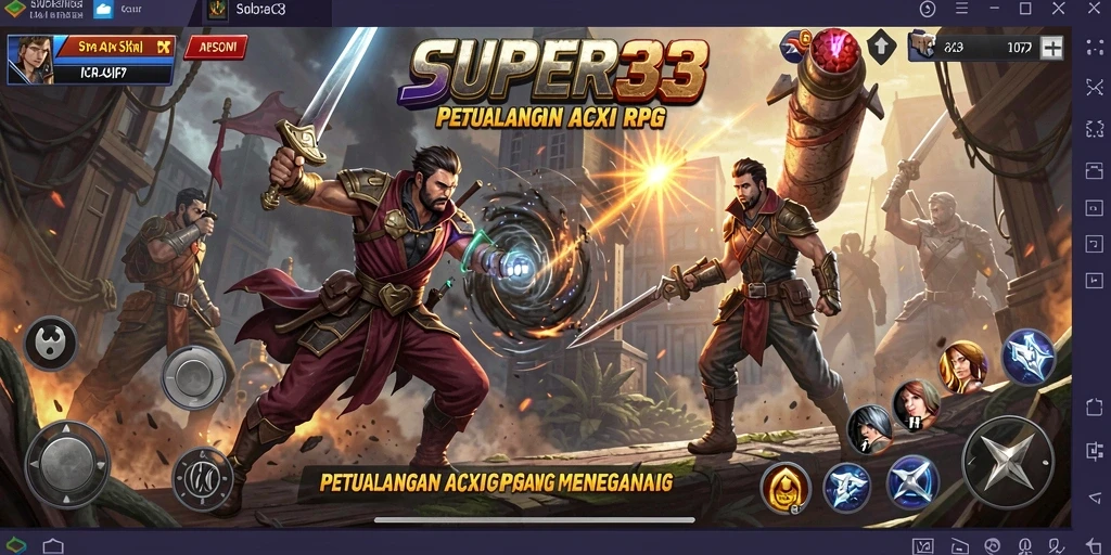 Gameplay SUPER33 menampilkan pertarungan epik dan eksplorasi yang mendebarkan.