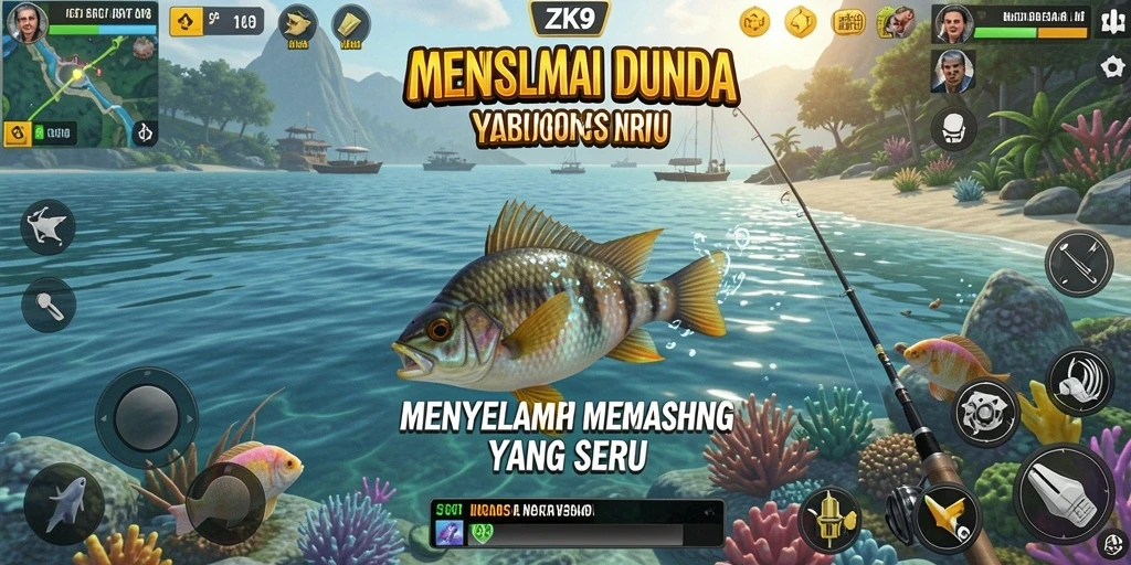Screenshot gameplay <strong>ZK9</strong> menunjukkan aksi memancing yang mendebarkan.